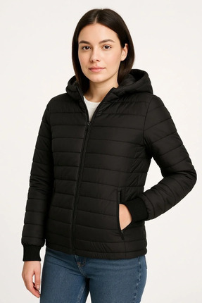 KADIN ŞİŞME KAPÜŞONLU FERMUARLI MONT SU İTİCİ KAPİTONE ASTARLI KUMAŞ CEPLİ KIŞLIK RAHAT Image 4