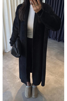 Sakallı ip örme triko maxi tam boy uzun kışlık hırka Image 2