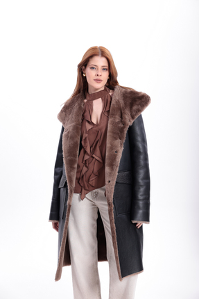 Kadın Hakiki Deri Palto, Kapüşonlu, içi Hakiki Kürklü, Siyah Uzun Kaban, Premium Kadın Palto Image 2