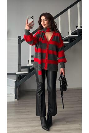 Antrasit-Kırmızı Atkılı Triko Hırka Image 3