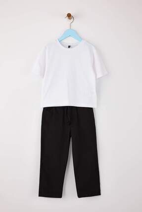Siyah Pamuklu 3'lü Erkek Çocuk T-Shirt Ceket Pantolon Dokuma Alt-Üst Takım TKDSS25AU00041 Image 4