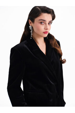 Kruvaze Yaka Kadın Kadife Blazer Ceket Image 0