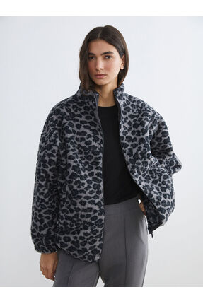 Leopar Desenli Oversize Kadın Pelüş Hırka Image 0