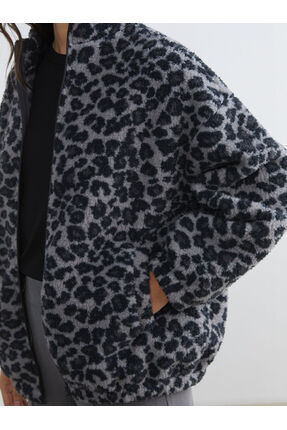 Leopar Desenli Oversize Kadın Pelüş Hırka Image 2
