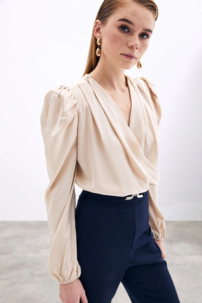 Kruvaze Vatkalı Bodysuit - Bej Image 2