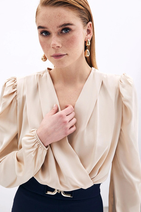 Kruvaze Vatkalı Bodysuit - Bej Image 3