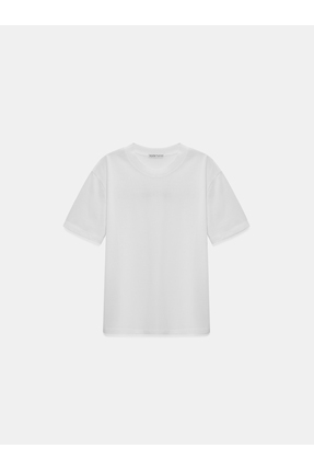 30312 %100 Pamuk Dekoratif Dikişli Bisiklet Yaka T-shirt-Beyaz Image 4