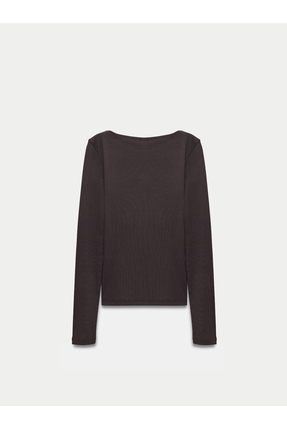 31332 Kayık Yaka Uzun Kollu Top-Koyu Kahve Image 5
