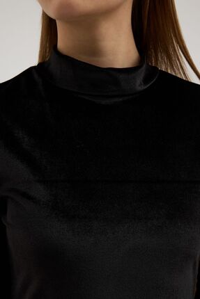 Şal Yaka Siyah Kadife Elbise Image 6