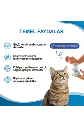 Kediler İçin Kalsiyum + Magnezyum + D3 Vitamini – Kemik ve Diş Desteği (30 Tablet) Image 2