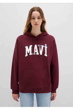 Logo Baskılı Kapüşonlu Bordo Sweatshirt 1600361-85493 Image 3