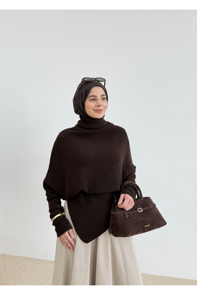 BOĞAZLI ASİMETERİK KAZAK kahve Image 0