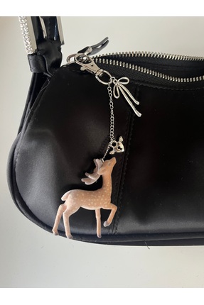 Coquette Tarzı Kadife Dokulu Geyik Anahtarlık - Gümüş Fiyonk Detaylı Bambi Çanta Süsü Charm Image 2