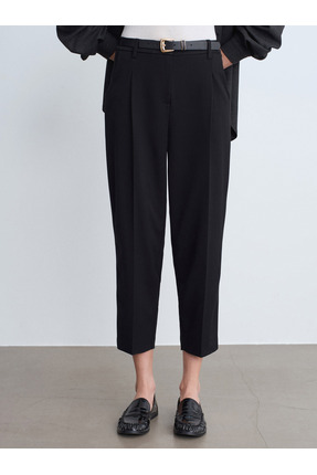 72245 Kemerli Pileli Kumaş Pantolon-Siyah Image 3