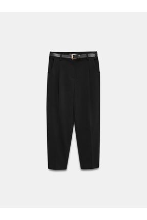 72245 Kemerli Pileli Kumaş Pantolon-Siyah Image 5