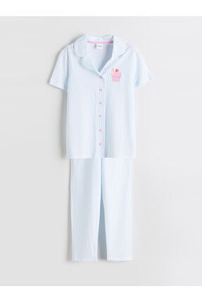 RMZ GİYİM FARKIYLA Gömlek Yaka Çizgili Kız Çocuk Pijama Takım Image 0