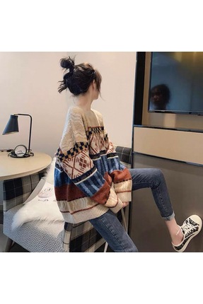 Kadın Oversize Desenli Triko Kazak | Bohem Etnik Salaş Kışlık Kazak Image 1