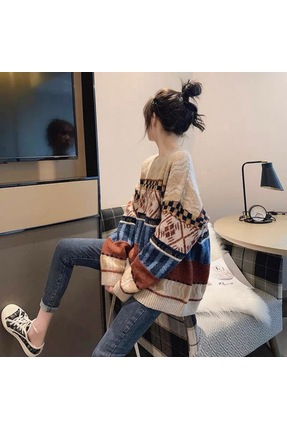 Kadın Oversize Desenli Triko Kazak | Bohem Etnik Salaş Kışlık Kazak Image 2