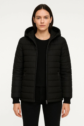 KADIN ŞİŞME KAPÜŞONLU FERMUARLI MONT SU İTİCİ KAPİTONE ASTARLI KUMAŞ CEPLİ KIŞLIK RAHAT Image 2
