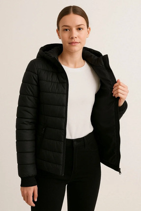 KADIN ŞİŞME KAPÜŞONLU FERMUARLI MONT SU İTİCİ KAPİTONE ASTARLI KUMAŞ CEPLİ KIŞLIK RAHAT Image 3