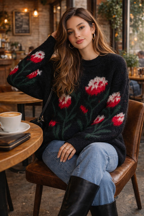 Kadın Bisiklet Yaka Çiçek Desenli Şardonlu Oversize Triko Kazak Image 0