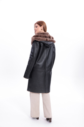 Kadın Hakiki Deri Palto, Kapüşonlu, içi Hakiki Kürklü, Siyah Uzun Kaban, Premium Kadın Palto Image 7