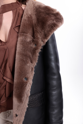 Kadın Hakiki Deri Palto, Kapüşonlu, içi Hakiki Kürklü, Siyah Uzun Kaban, Premium Kadın Palto Image 5