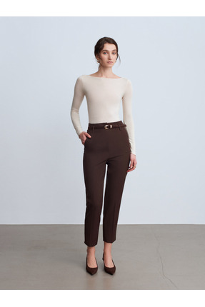 72239 Kemerli Yüksek Bel Pantolon-Kahve Image 1