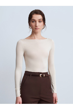 32122 Kayık Yaka Modal Kaşmir Ultra Hafif Bluz-Taş Image 1