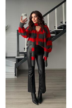 Antrasit-Kırmızı Atkılı Triko Hırka Image 6