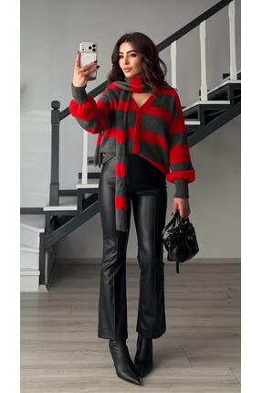 Antrasit-Kırmızı Atkılı Triko Hırka Image 2