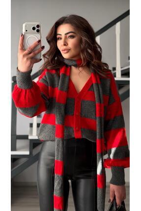 Antrasit-Kırmızı Atkılı Triko Hırka Image 5