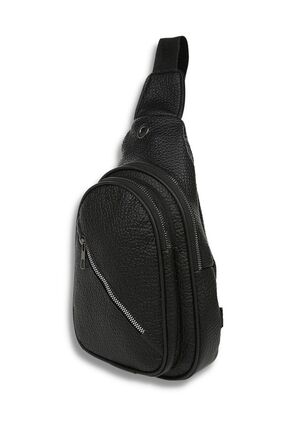 Siyah Deri Görünümlü Unisex Yandan Çapraz Sırt Göğüs Bel Çantası, Kulaklık Usb Cep Telefonu Bölmeli Image 4