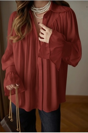 Bordo Büzgü Ve Kol Detaylı Gömlek Image 2