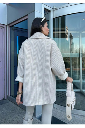 Kadın Taş Balıksırtı Desenli Astarlı Oversize Kaşe Kaban Image 3