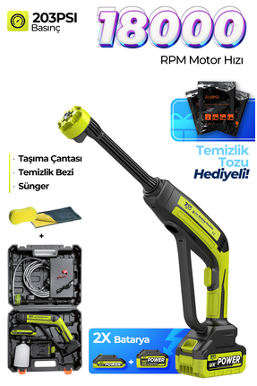 7CW02 Akülü Şarjlı Yüksek Basınçlı Araç ve Bahçe Yıkama Temizleme Tabancası | 2 Batarya, 5m Hort Image 0