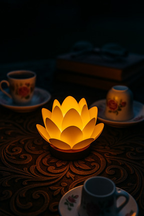 Lotus Çiçeği Tasarım Pilli Led Mum | Dekoratif Meditasyon Ambiyans Mumluk | Gece Lambası (Mus3D) Image 0