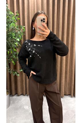 TAŞ DETAYLI TRİKO KAZAK-SİYAH Image 2