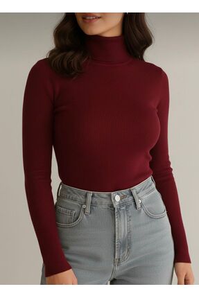 Kadın Bordo Fitilli Balıkçı Yaka Pamuklu Boğazlı Kazak Image 0