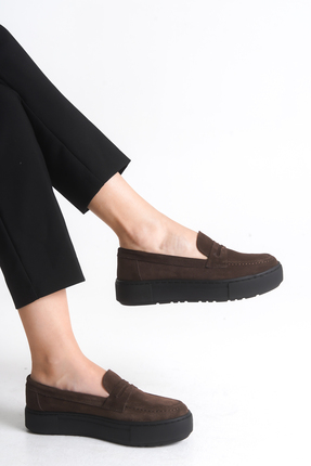 Kadın Kahverengi Hakiki Süet Deri Düz Casual Loafer Günlük Şık Ayakkabı Image 5