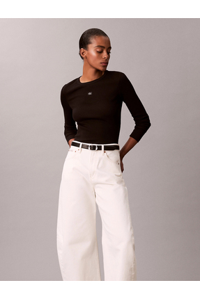 Uzun Kollu Dokuma Etiketli 2x2 Fitilli Bisiklet Yaka Kadın Siyah Bluz LV047E205G-UB1 Image 5