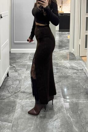 Dantel Detaylı Triko Etek Kahverengi Image 5