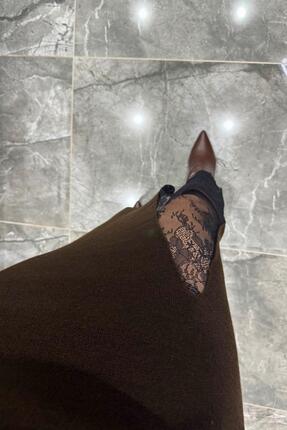 Dantel Detaylı Triko Etek Kahverengi Image 2