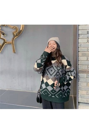 Kadın Renkli Desenli Oversize Salaş Triko Kazak Image 1