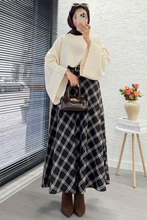 Kemerli Yandan Fermuarlı Ekose Desen Etek - Siyah Image 6