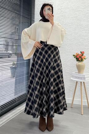 Kemerli Yandan Fermuarlı Ekose Desen Etek - Siyah Image 5