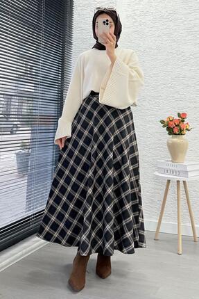 Kemerli Yandan Fermuarlı Ekose Desen Etek - Siyah Image 7