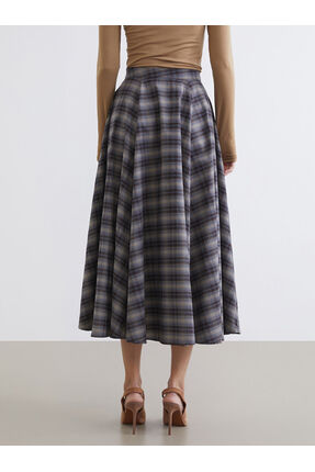 Kahverengi Beli Fermuarlı Ekose Kloş Etek Image 4