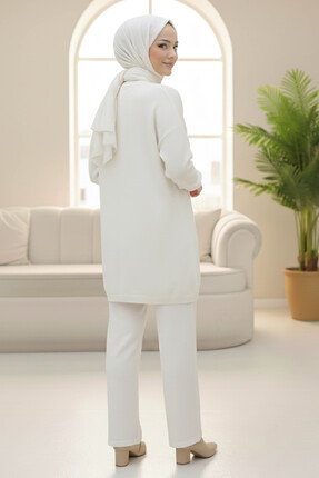 Kalp Taş Detaylı Triko İkili Takım Krem - 28123-KREM Image 2