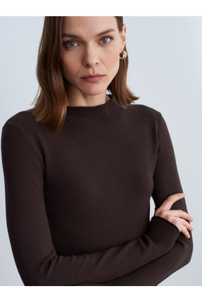 10841 Dik Yaka Kaşmir Karışımlı Triko Kazak-Koyu Kahve Image 0